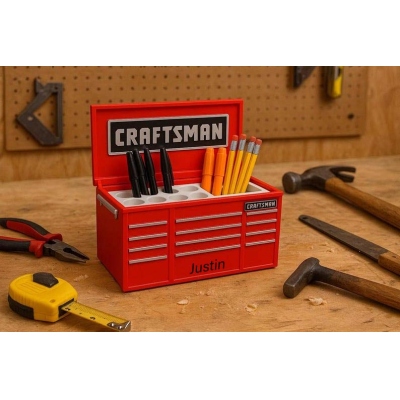 Personalized Toolbox Desk Organizer, Red Tool Chest Pen Holder, Garage Decor for Mechanics, Gifts for Tool Lovers, Workshop Office Accessory