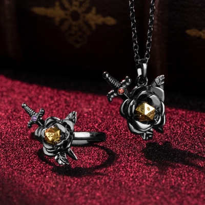 Custom Birthstone Vintage Black Rose Dice Ring and Sword Necklace Set, DND Custom Silver D20 Ring And Silver D20 Necklace, Valentines Gift, DND Gifts