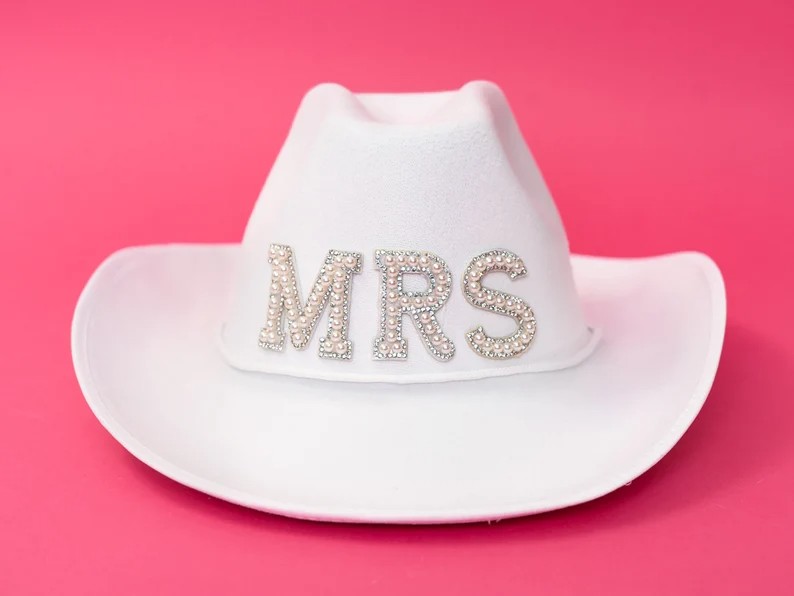 White Bride Cowgirl Hat, Nashville Bachelorette Cowboy Hat, Bride's Last Ride, Country Western Hat